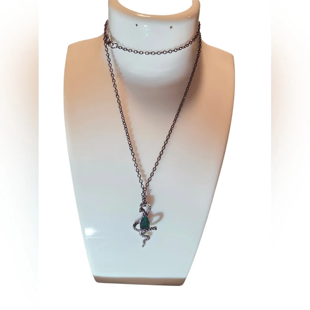 Stainless Steel Snake Pendant with Green Cubic Zirconia - Picture 3 of 3